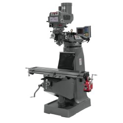 JET 690265 JTM-4VS 9" X 49" VARIABLE SPEED VERTICAL MILLING MACHINE WITH ACU-RITE 203 2-AXIS DRO AND X-AXIS POWER FEED & 6" RISER BLOCK