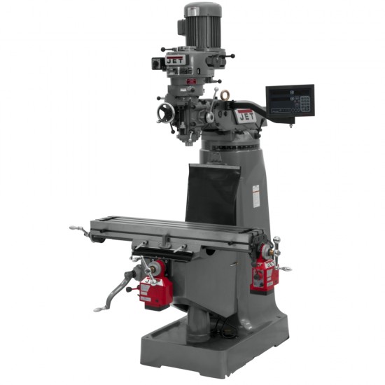 JET 691195 JTM-2 9" X 42" STEP PULLEY VERTICAL MILLING MACHINE WITH NEWALL DP700 2-AXIS DRO AND X & Y-AXIS POWER FEEDS