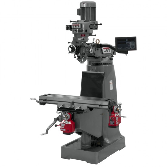 JET 692195 JTM-2 9" X 42" STEP PULLEY VERTICAL MILLING MACHINE WITH NEWALL NMS300 2-AXIS DRO AND X & Y-AXIS POWER FEEDS